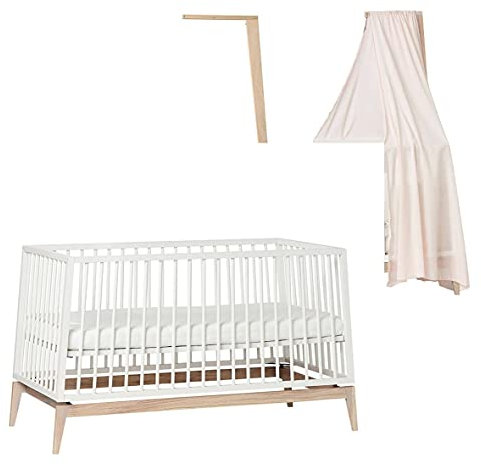 Leander Luna Babybett 140x70cm - weiß/Eiche mit Himmelgestell Eiche und Himmel dusty rose, OHNE MATRATZE