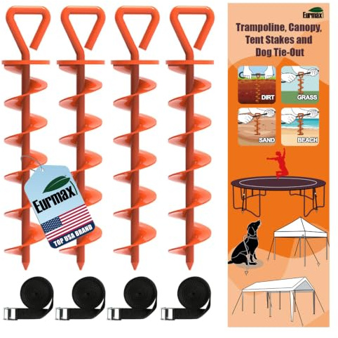 Eurmax USA 4 Pack Heavy Duty Ground Stakes,Industrial Grade Spiral Steel Screw-In Trampoline Anchors with 4 Reinforced Straps,High Wind Stabilizing Kit for Dog Tie-Out,Canopies,Sheds,Swing Sets,Orange