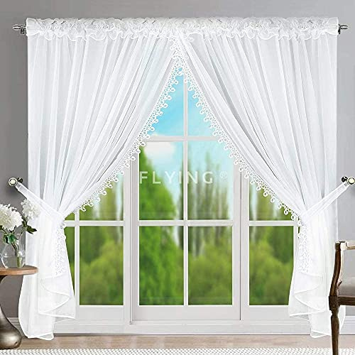 FKL DESIGN Home Deco Balkontür Balkongardine Balkon Fertiggardine Fenstergardine Gardine aus Voile mit Gipüre Faltenband Kräuselband Store Lang Modern Weiß 250x400 cm LB-11-A (250 x 600 cm)