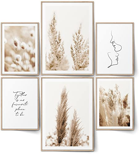 BLCKART Beige Pflanzen Pampasgras Poster Set Love Deko Boho (L | 2x A3 | 4x A4 | ohne Rahmen, BEIGE LOVE PAMPASGRAS V2)