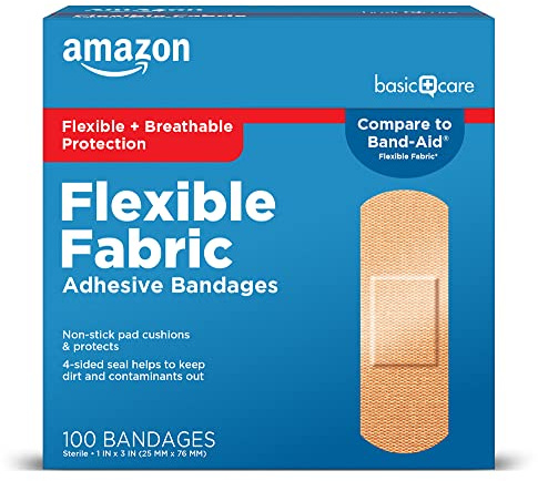 Amazon Basic Care Flexible Fabric Adhesive Bandages, First Aid for Wounds and Scrapes, Breathable with Non-Stick Pad, Latex Free, 100 Count