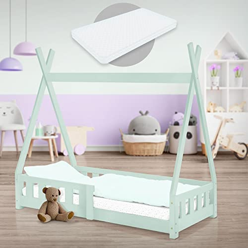 ML-Design Barnsäng Tipi 70x140 cm mint med madrass, fallskydd och lamellram, gjord av furu, indisk säng massivt trä för tjejer och pojkar, hussäng med staket, ungdomssäng leksäng träsäng