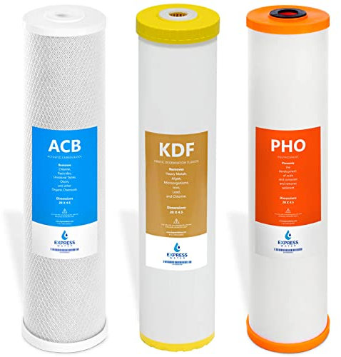 Express Water Whole House Replacement Filter Set, 3 Pack, Carbon Block, KDF, Polyphosphate for Heavy Metal and Anti Scale, Compatible with WH300SCKP, 4.5 × 20 Standard Water Filter Cartridges