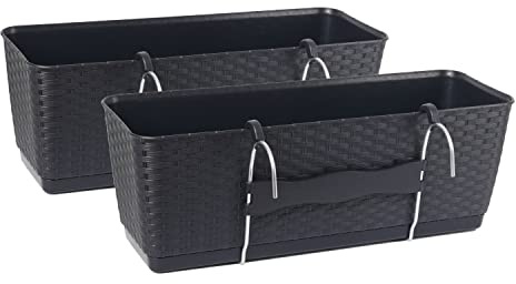 Tymar Blumenkästen für Balkon, Geländer, 2er-Pack, Rattan Optik, inkl. Bewässerungssystem ((2 Pack) Anthrazit; 50 cm)