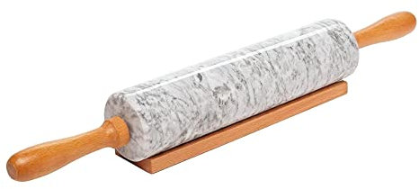 Generic Mattarello in pietra di marmo deluxe con manici in legno e culla Rullo da forno facile da pulire Risparmia fatica Mattarello per pane, Bianco