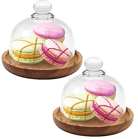 Vkinman 2 Pcs Mini Cake Stand Glass Domes for Display - Glass Domes with Wooden Base for Cheese, Candy, Dessert, Succulents, Plants