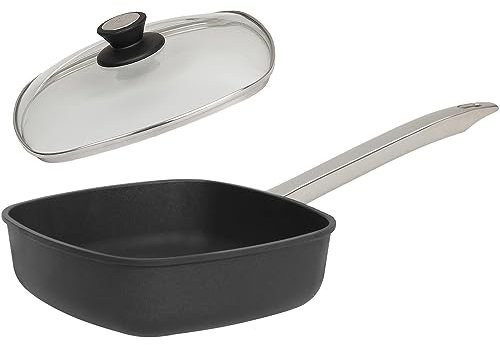 SKK kleine 2-tlg. Eck-Bratpfanne 24x24 cm - ohne Induktion - Antihaft Guss Hochrandpfanne Stiel aus Edelstahl & Glasdeckel - Made in Germany