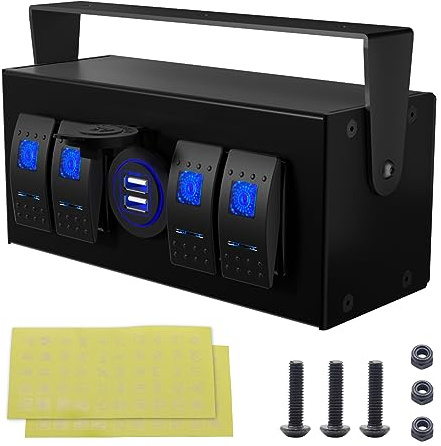 Shkalacar 4 Gang Wippschalter Panel, 12/24V Schalter Panel mit Dual USB 4,8A Steuerbox, USB Schnellladegerät, Blaulichtschalter, Wasserdicht Kippschalter Panel für Wohnmobil LKW Anhänger Yacht