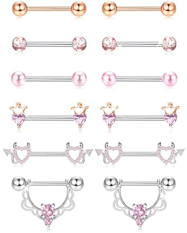 Kakonia 6 Paare 14G Nippelpiercing für Frauen 316L Edelstahl Herz Schmetterling Mond CZ Blume Barbell Nippel Ringe Set niedlich Brustwarzenpiercing-Schmuck