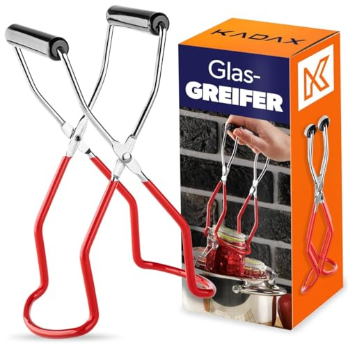 KADAX Glasheber für heiße Gläser bis Ø 17,5 cm, Einmachglas Heber aus Stahl & Kunststoff, Zange zum Einkochen von Marmeladengläser, Einmachgläser & Einkochgläser (Silber/Rot)