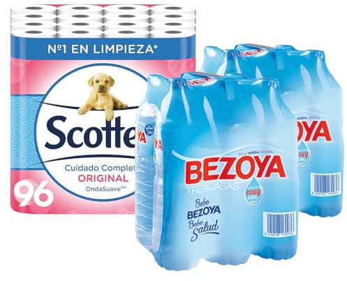 FlashPrix Papel Higiénico Scottex Original, 96 rollos. Agua Mineral Natural Bezoya, 12 botellas de 1.5 L. Pack para oficinas y empresas