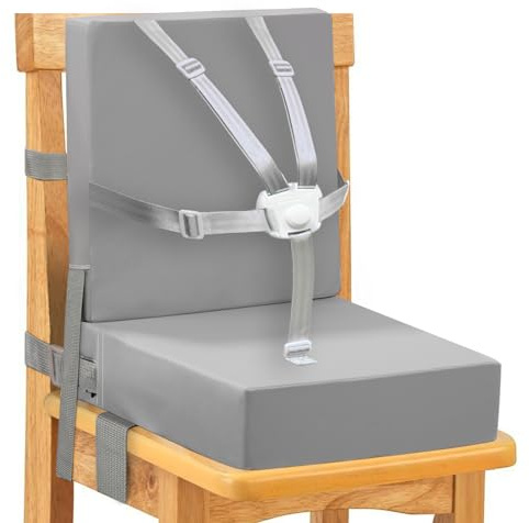 Toddler Booster Seat for Dining Chair, 5 Point Buckle Stronger Security 2Pcs PU Waterproof Easy Cleaning Kids Booster Seat Dining, Adjustable Seat Belts & Non-Slip Bottom (Grey-2)