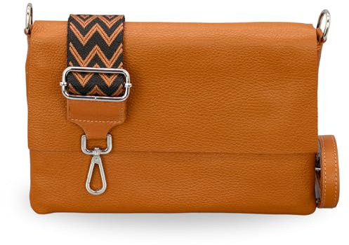 BRISE Umhängetasche Damen Echtes Leder ELISA Handgemachte Handtasche Kleine Schlanke Tasche 3 Fächer Crossbody Bag mit Ledergurt + Optionalen Breiten Gemusterten Riemen Made in Italy (Cognac Braun-4)
