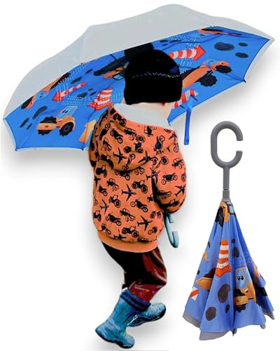 FamZone Kinderregenschirm Junge, Umkehr Regenschirm für Kinder mit tollem Bagger Motiv, Ø 78 cm, Polyester, Kleiner Stockschirm, Blau, Grau, Doppellagiger Umkehrschirm (4-8 Jahre)