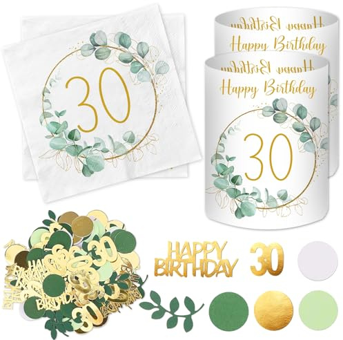 20 Stück Servietten 30 Geburtstag+ 12 Stück Windlicht Tischdeko + 100 Konfetti Deko Grün, Deko 30. Geburtstag Frau Mann, 30 Jahre Happy Birthday Tischdeko Eukalyptus
