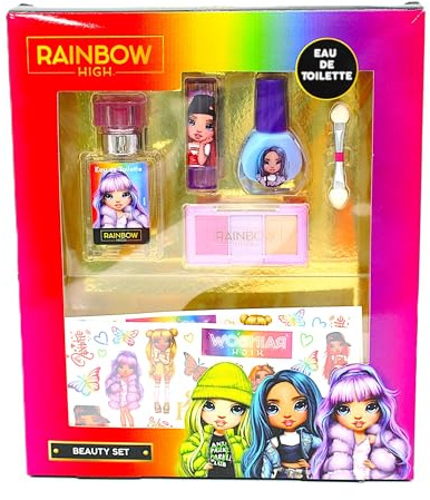 Rainbow High Beauty Set Includes Eau de Toilette Natural Spray (20ml), Lipstick, Nail Polish, Eyeshadow, Blush, Temporary Tattoos and Brush for Girls