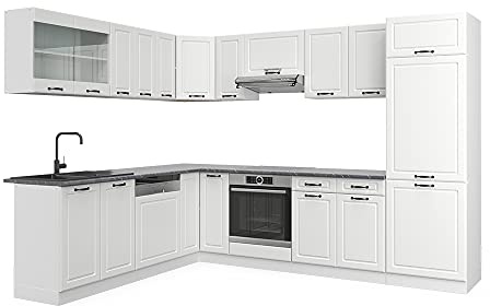 Vicco Eckküche R-Line, Weiß Landhaus/Weiß, 287 x 227 cm | 12 Module · Höhenverstellbare Füße · AP Anthrazit inkl. · MDF-Fronten · Mit Kühlschrankumbauschrank · Frei kombinierbar