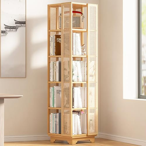 Rattan Drehbares Bücherregal 5 Ebenen Drehbares Bücherregal 360 Grad Bodenstehendes Bücherregal Für Kinder Und Erwachsene Multifunktion Aufbewahrungsregal Mit Rollen Und Sockel Für Wohnzimmer Schlafzi