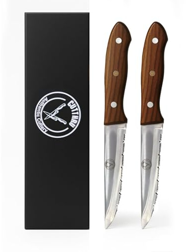 CUTTHRU Set of 2 Steak Knives Presented in a Luxurious Wooden Case, Croasion Resistant, Vivid and Smooth Polished Blade, Natural Rosewood Full Tang Handle