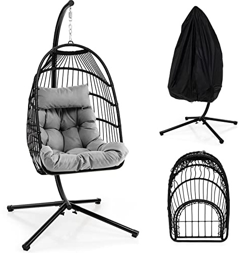 COSTWAY Swing Egg Chair with Stand, Upholstered Rattan Wicker Hammock Chair with Soft Cushion, Head Pillow and Dust Cover, Heavy-duty Metal Frame Hanging Egg Basket Seat for Garden Patio Yard