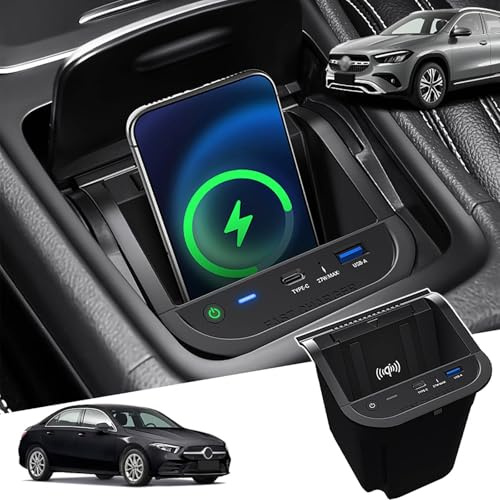 15W Wireless Car Charger for Mercedes-Benz A-Class (2013-2018) GLA (2015-2018) CLA (2013-2019) B-Class/GLB/AMG (2011-2019), Wireless Charging Pad with 27W USB Port for Any Qi-Enabled Phone(A)