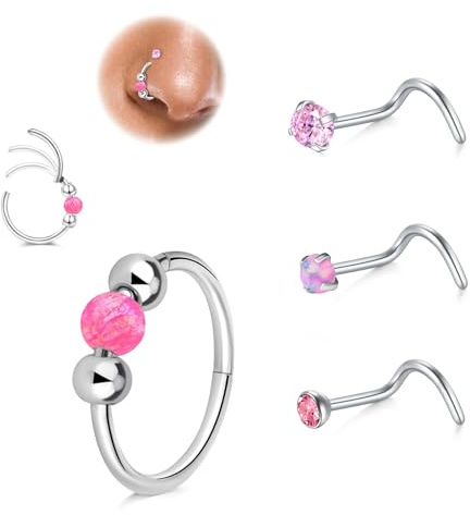 LAURITAMI 3PCS Nose Rings Hoops Nose Stud Screws Set, Stainless Steel 18G Pink Opal Nose Rings 20G Nose Studs for Women Septum Rings 10mm Nose Piercing Jewelry