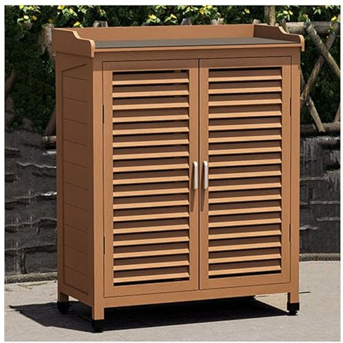 Tavolo da giardino in legno per esterni con capanno per attrezzi impermeabile, postazione di lavoro da giardino e scaffali, mobiletto per riporre oggetti