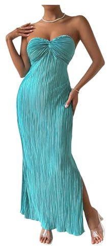 SOLY HUX Women's Twist Front Strapless Tube Dress Tie Backless High Split Vacation Maxi Dresses Solid Cadet Blue Medium
