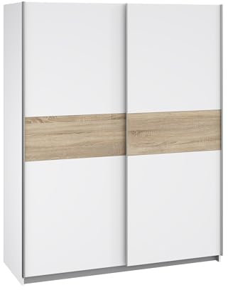 möbelando Schiebetürenschrank >Winner< Der Kleiderschrank Winner in Weiß/Sonoma Eiche (150x190x61 cm) überzeugt mit modernem Design, 2 Türen, 2 Einlegeböden und 2 Kleiderstangen.