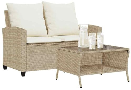 Willood Gartensofa 2-Sitzer mit Kissen & Tisch Beige Poly Rattan Beige