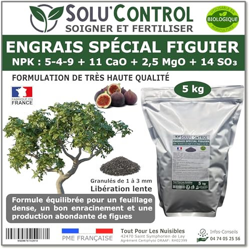 Engrais Spécial Figuier 5 kg - SoluControl - NPK 5-4-9 - Croissance et Fructification - Riche en Calcium et Magnésium - Sachet Zip Refermable - Utilisable en Agriculture Biologique