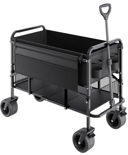 VEVOR Chariot de Jardin Pliable, 300 L, Chariot de Transport Utilitaire Robuste 2 Niveaux, Capacité de Charge 204,12 kg, avec Roues Tout-terrain, pour Extérieur, Camping, Jardin, Shopping, Sport, Noir