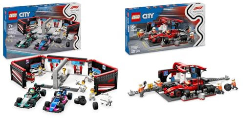 LEGO City F1 Garage & Mercedes-AMG & Alpine Cars + F1 Pit Stop & Pit Crew with Ferrari Car Toy 60444 + 60443