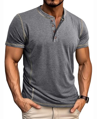 NLAND T-Shirt Classica Girocollo con Bottoni Henley Shirt da Uomo Estivi Maniche Corte Magliette Traspirante Soffice Slim Sportiva,Grigio M