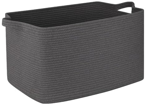 MOLVCE Baumwollseil Aufbewahrungskorb 63L, Aufbewahrungskorb aus Baumwolle Korb Faltbare mit Griffen, Square Wäschekorb Baumwolle Korb für Wohnzimmer, Kinderzimmer, Badzimmer, Dunkelgrau