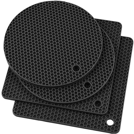 Topfuntersetzer Hitzebeständig, 4er Set Topflappen Silikon, Untersetzer Topf rutschfest Spülmaschinenfest, Silikonunterlage mit Wabenmuster für Töpfe Pfannen Teekannen Küche (Schwarz, Rund/Eckig)