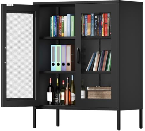 Metall Kommode 80 cm Breit, Aufbewahrungsschrank Sideboard mit 2 Mesh-Türen, Metallschrank in Schwarz, Mehrzweckschrank mit flexiblen Einlegeböden, Aktenschrank & Büroschrank für zu Hause und Büro