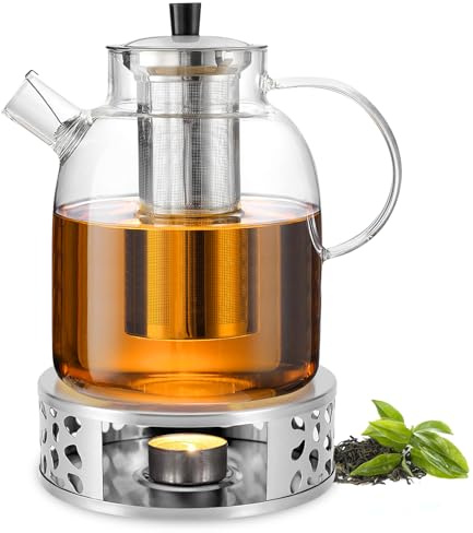 Théière en verre de 1,8 l avec infuseur et réchaud - Théière en verre avec passoire à thé en acier inoxydable et dessous de plat - Résistante à la chaleur - Pour thé en vrac et sachets de thé