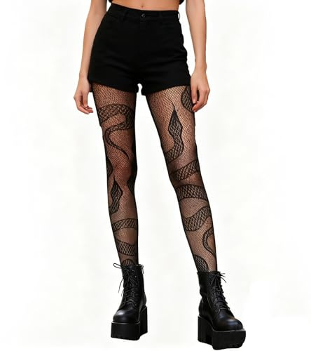 LEMLIN Damen Sexy Netzstrumpfhose - Oberschenkelhohe schwarze gemusterte Strumpfhose, Fishnet-Tights mit Spitze-Design, Geeignet für Festival, Halloween & sexys Outfits