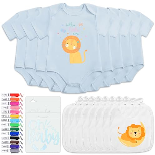 YYSWSAKY 16 Stück Lätzchen zum Bemalen Babybody zum Bemalen Baumwolle Beinhaltet 8 Kurzarmbody 8 Babylätzchen Schablonen Bunte Textilstift für Babyparty Spiele Babyshower (Blau)