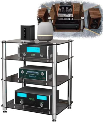 Ständer für Medien-Stereoschränke aus gehärtetem Glas – 4-stufiges Audiokomponenten-Rack für Plattenspieler, DVD-Player, Spielkonsolen und Kabelboxen – Stilvolle Regale für Entertainment-Cen
