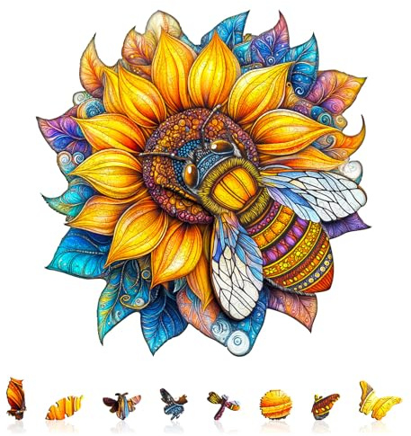 KAAYEE Holzpuzzle Erwachsene, Biene in Blüte Holz Puzzle Erwachsene, Unregelmäßige Einzigartige Puzzle, Einzigartige TierföRmige Holzpuzzles, mit Geschenkbox aus Holz