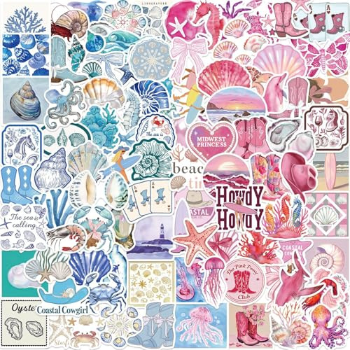 100Pcs Blue & Pink Coastal Stickers, Beachy Summer Ocean Theme Aesthetic Stickers, Waterproof Vinyl Sea Life Decals for Laptop Luggage Skateboard, Teens and Girls
