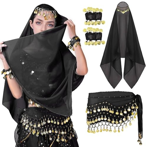 SEAUR Bauchtanz Kostüm Zubehör Set Münzen Chiffon Gürtel Kopftuch und Armbänder Bauchtänzerin Araber-Kostüm Damen Einheitsgröße