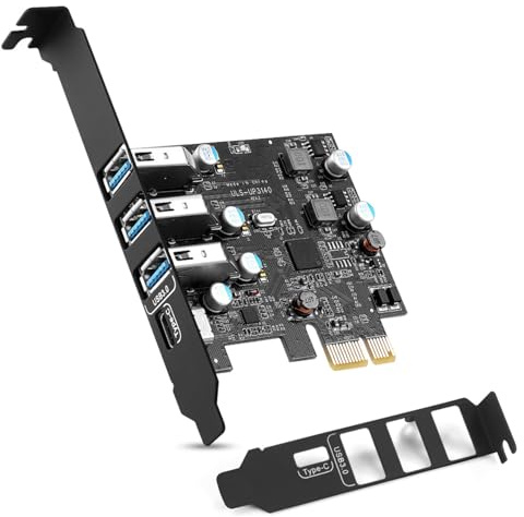 YEELIYA Carte d'extension PCIe USB 3.0 avec Low Profile Compatible Windows | 3 Type-A + 1 Type-C, 5Gbps, PCI-E x1/x4/x8/x16, Plug und Play, Interne Carte PCI Express pour PC de Bureau, USB 3.2/3.1 Gen 1