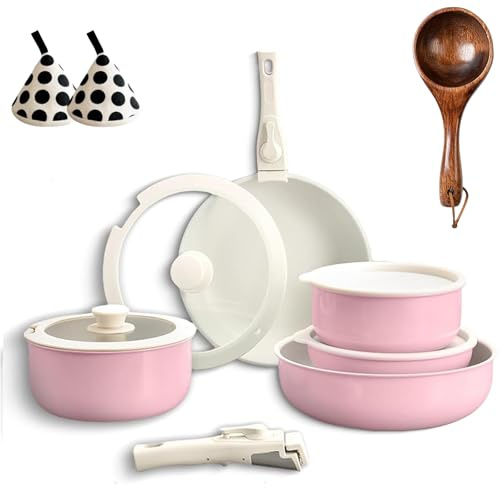 Gourmetific Cookware Set, Gourmetific Cookware Set Stackables with Removable Handle, 5/9/11/15 Piece Cookware Detachable Handle Set, Easily Clean, with Detachable Handle (Pink,5PCS)