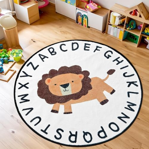 Tapis Design Kinderteppich mit Cartoon Löwen Design, Weich, rutschfest, Niedriger Flor, Waschbar, Kinderteppich für Jungen, Mädchen, Schlafzimmer, Klassenzimmer, Wohnzimmer, Spielzimmer (Rund, 80 cm)
