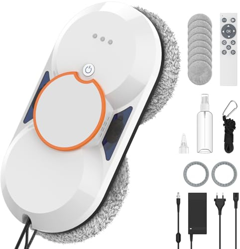 Robot Lavavetri, 5600Pa Robot Pulisci Vetri con Doppia Funzione di Spruzzo D'acqua, 3 Modalità Pulizia, Telecomando, Navigazione Intelligente, Rilevamento dei Bordi, Sistema di Sicurezza＆8 Panni