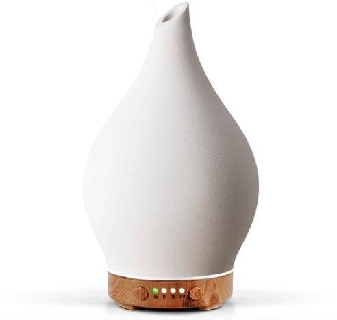 Porseme Aroma Diffuser 150ml Handgeblasen Keramik Luftbefeuchter | Ultraschall Aromatherapie Öle Diffusor mit 7 farbigem LED Licht, Diffusor für Ätherische Öle mit Timer für Wohnung (White)