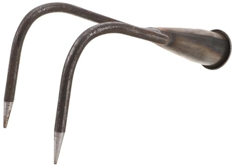 LOORGVEL Rastrillo Manual de Jardinería Gancho de Doble Punta, Herramienta de Metal Resistente para Desherbar, Plantar y Aflojar Tierra en Jardín y Césped, Cabezal Compacto para Cultivo